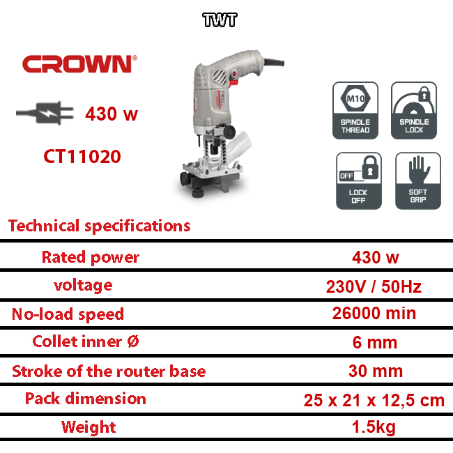 Paumelleuse Affleureuse 6mm 430W CROWN CT11020 - الصورة 3