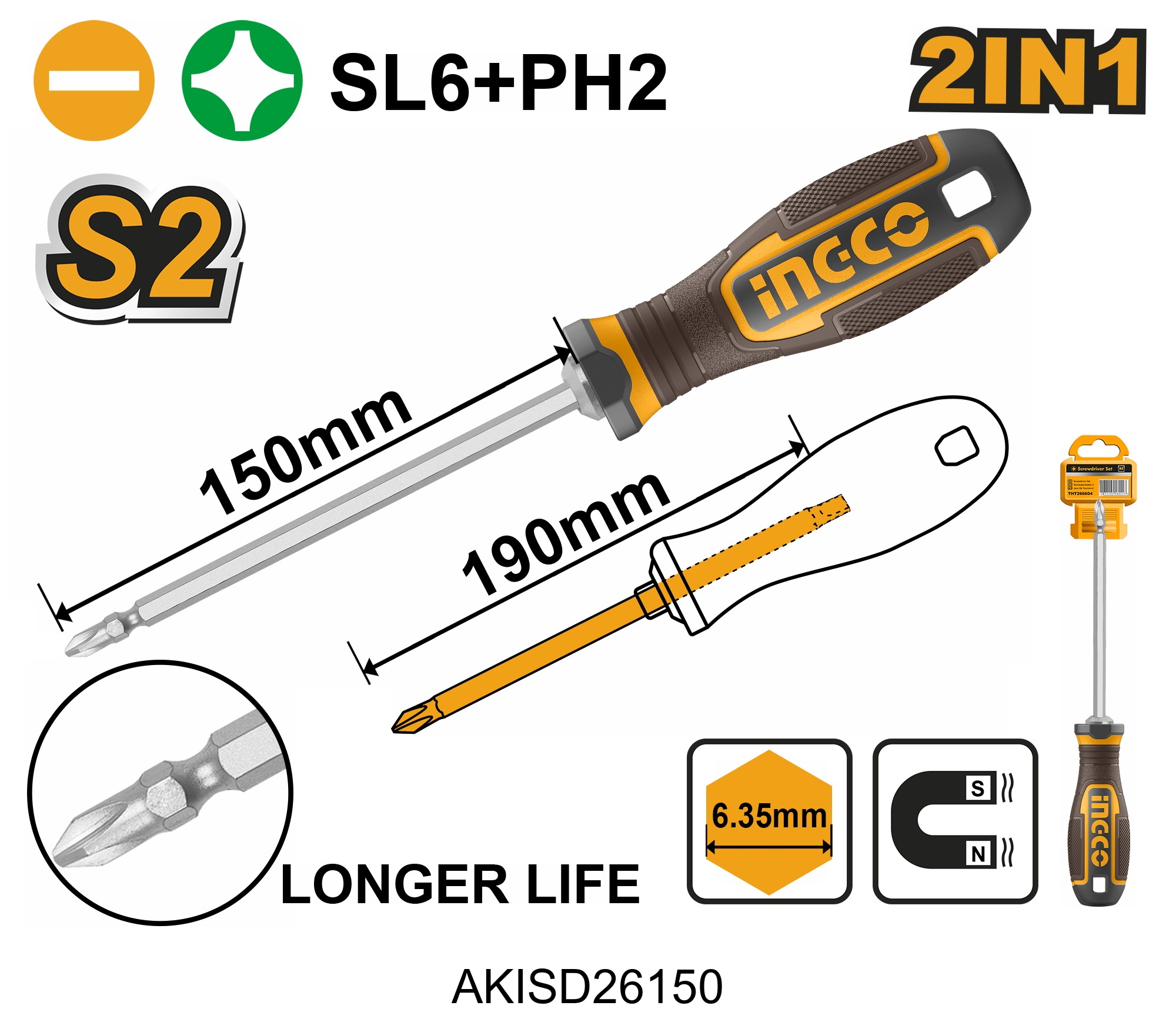 2 In 1 screwdriver set S2 – P12C144 | Ingco AKISD26150