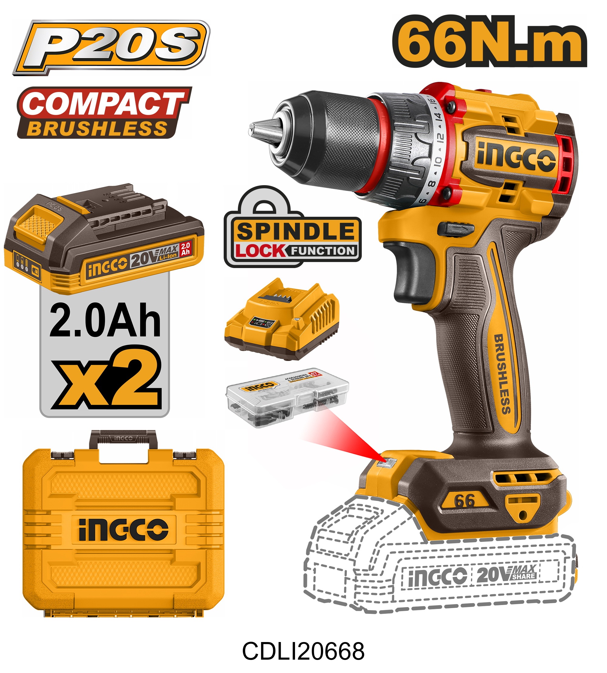 Compact Brushless Cordless Drill ingco CDLI20668