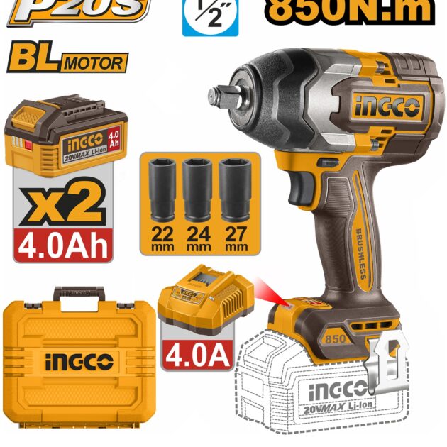 INGCO Cordless Impact Wrench, Fastening torque: 850 Nm, Nut-Busting torque:1000 CIWLI2085 ingcoNm