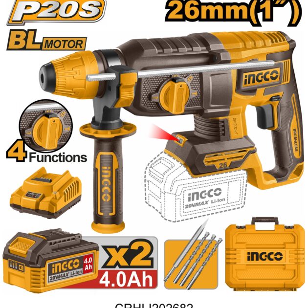 Cordless rotary hammer 20V 26mm + 2 Battery  P1C4 CRHLI202682 Ingco