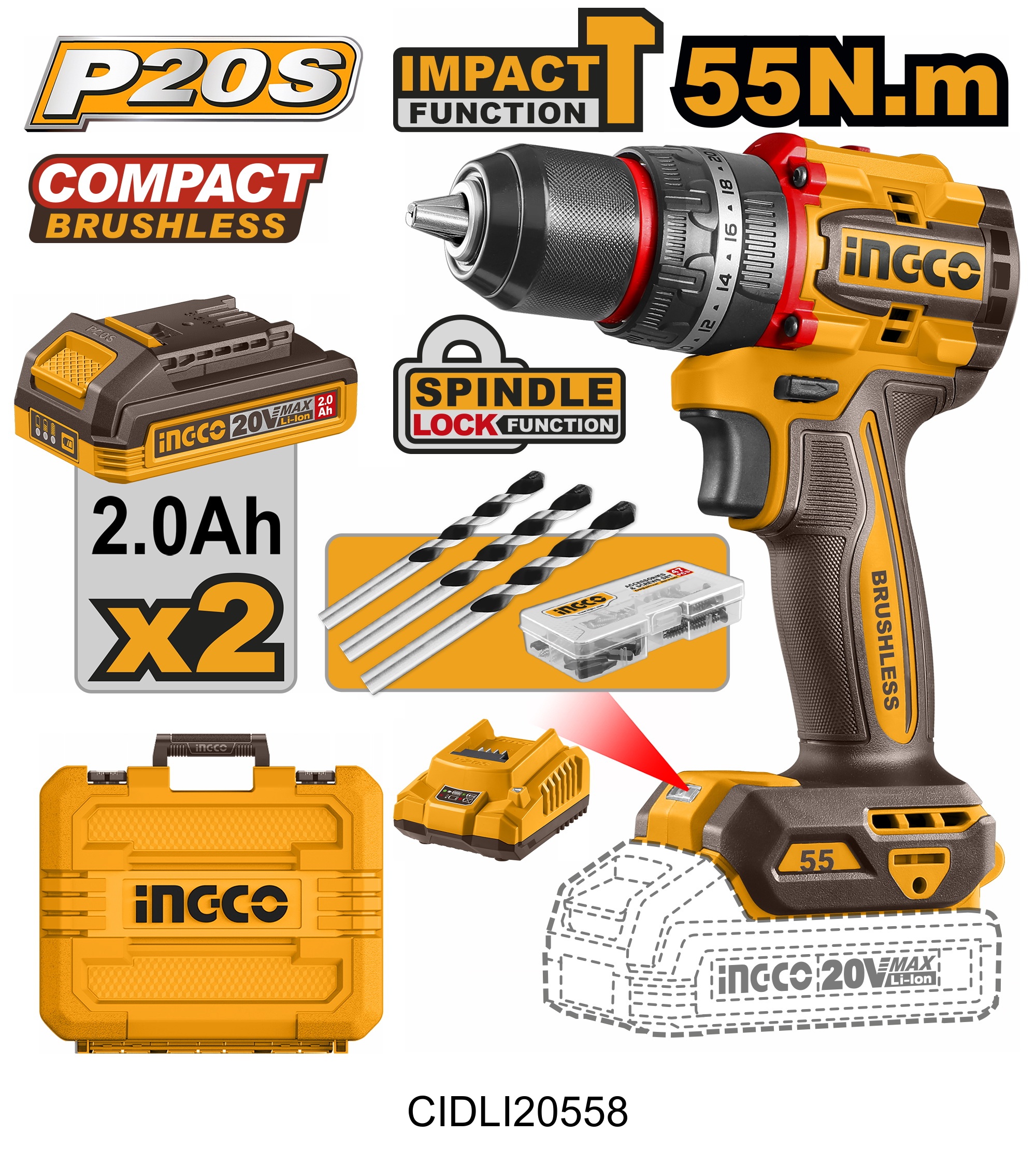 Visseuse ingco 20v 2 bat 2 ah 55nm cidli20558