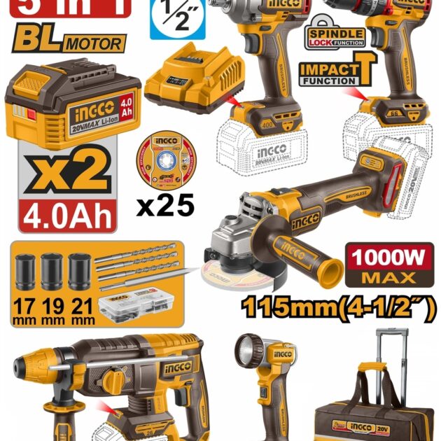 Kit d’Outils INGCO 5 Pièces – Ensemble Professionnel de Bricolage Haute Qualité