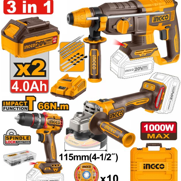 Kit combiné sans fil INGCO COSLI241198 – 3 outils 20V Brushless