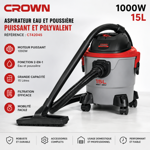 Aspirateur tous usage 15L 1000W CROWN CT42045