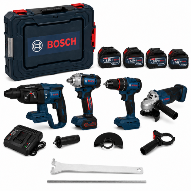 ​Pack Outillage Sans Fil 68V  4-en-1 BOSCH ,Perforateur, Meuleuse, Visseuse à choc & Clé à choc – Avec 4 batteries 5.0Ah et coffret de transport