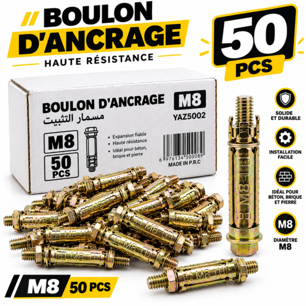 Kit de boulons d'Ancrage M8 a expansion Haute résistance 50 pièces YAZ5002