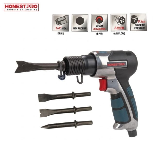 Marteau pneumatique à canon court avec 4 burins 6.3 bar 2.8 CFM raccord 1/4" HONETSPRO YAE1062