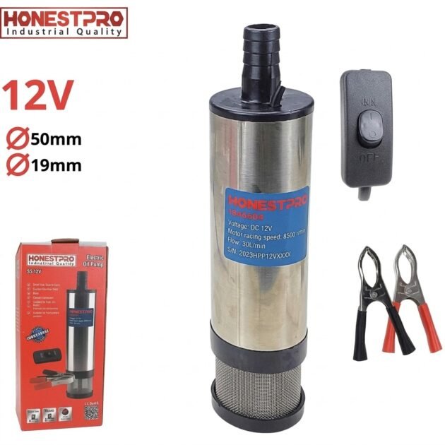 Pompe à gasoil (diesel) 12V DC débit 30L/min avec filtre en mousse et corps en acier inoxydable HONESTPRO YAE4605