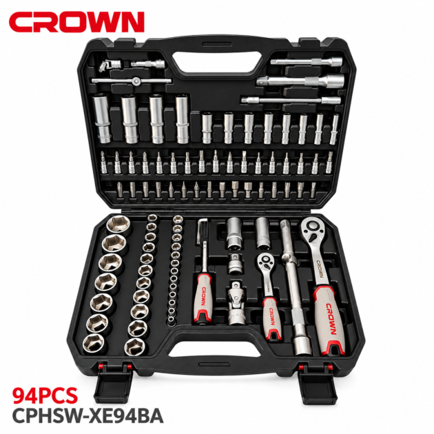 Caisse à outils mécanique douilles et cliquets 1/2” 1/4” 94 pièces CROWN CPHSW-XE94BA