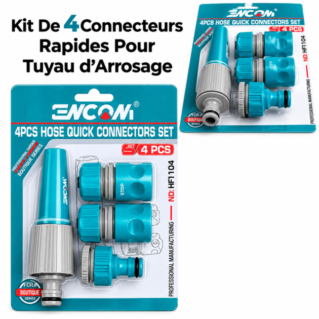 Kit De 4Connecteurs Rapides Pour Tuyau d’Arrosage Avec Raccord Robinet Rt Buse Réglable ENCOM HF1104
