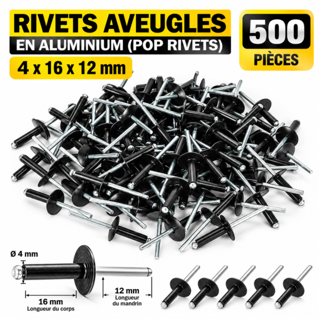 Lot de 500 pièces de rivets aveugles en aluminium noirs 4×16×12 mm WEHAND 16080416