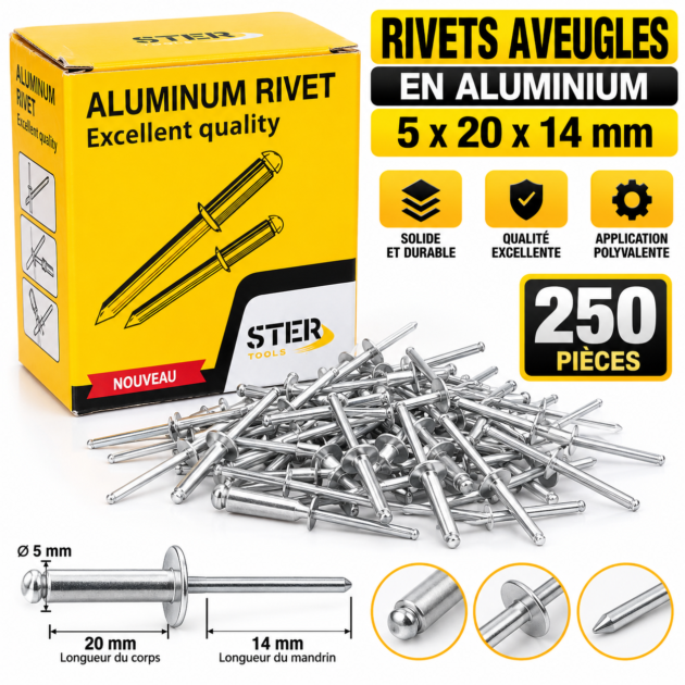 Lot de 250 pièces de rivets aveugles en aluminium 5×20×14 mm STER TOOLS