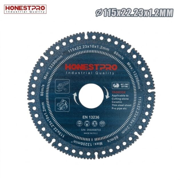 Disque diamant multifonction 115×1.2×22.23 mm pour béton métal marbre carrelage PVC HONESTPRO YAG0334