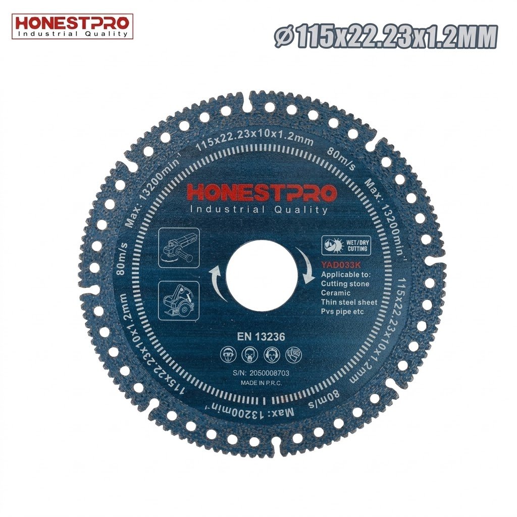 Disque diamant multifonction 115×1.2×22.23 mm pour béton métal marbre carrelage PVC HONESTPRO YAG0334