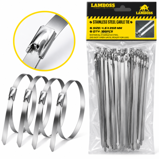 Lot de 100 colliers de serrage en acier inoxydable 4.6 x 250mm